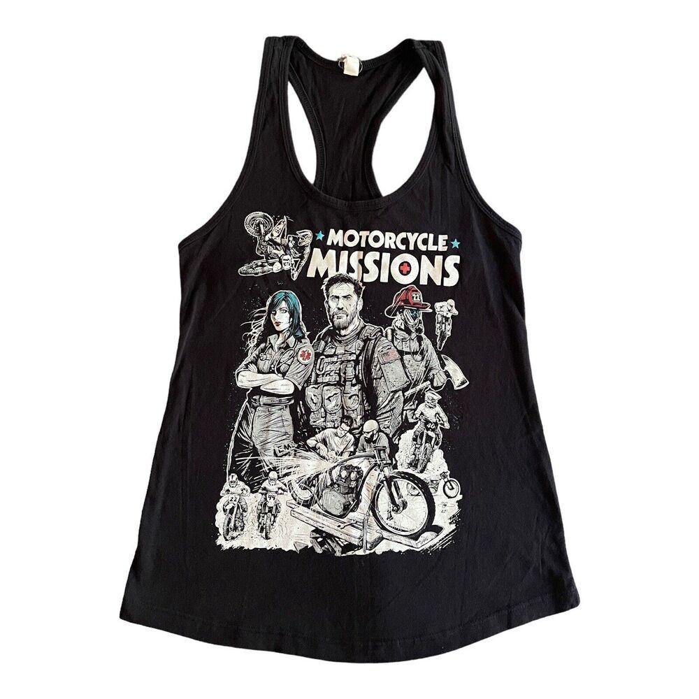 Motorcycle Missions Womens Tank Top Size Medium Black Graphic Warrior Veterans